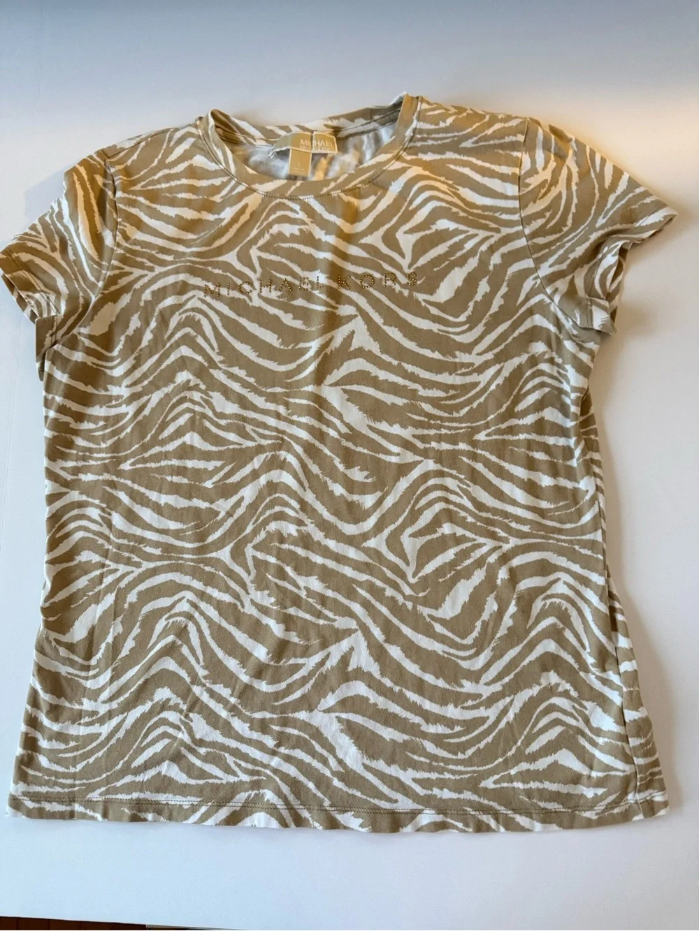Michael Kors Tan Zebra Print Logo T-Shirt Women’s Large